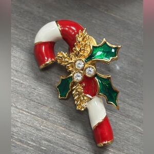 Clearance: Vintage Enamel Candy Cane Pin with Holly and Rhinestone Accents